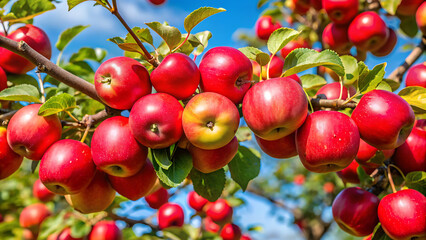 Obraz premium Apple trees in the garden with ripe red apples ready for harvest. 