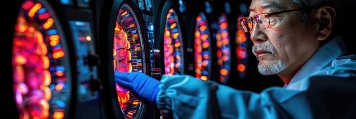 A man wearing a lab coat is diligently working on an intricate machine