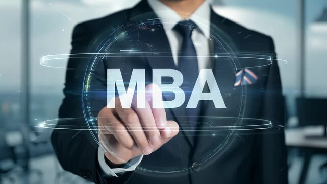 Businessman in a modern office, with a holographic "MBA" text floating after he touch the screen. management, futuristic, infographic, leadership, program, title, word, businessman, office, topic