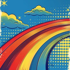 Vibrant Rainbow Pop Art Background With Clouds and Blue Sky