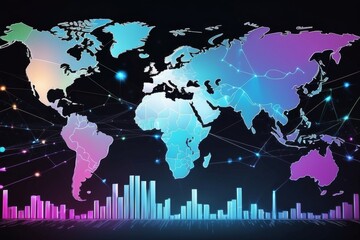 Digital artwork featuring a colorful world map with abstract networking and bar graph elements
