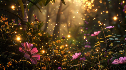 Abstract image of a mystical garden with radiant flowers and floating light particles, capturing the detailed flora and glow