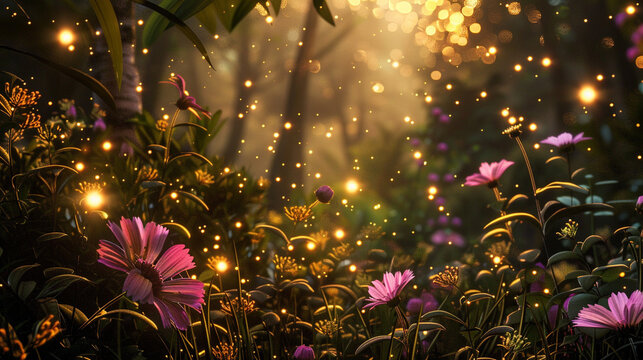 Abstract image of a mystical garden with radiant flowers and floating light particles, capturing the detailed flora and glow
