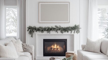 Frame TV mockup above white fireplace with greenery garland | Cozy living room with white sofas and pillows | Snowy window view in background | Minimalist winter decor