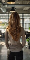Fototapeta premium Professional woman from behind in a modern office setting.