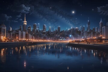 Obraz premium 3d illustration of night city with a bright lights and stars on sky.