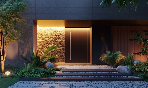 Un ingresso moderno in legno chiaro con illuminazione calda e piante decorative, che crea un'atmosfera accogliente e raffinata.