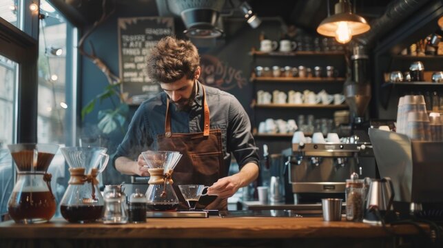 A young male barista in a beige apron prepares coffee in a busy cafe. His attention to coffee making is emphasised by various appliances and a mirror in the background.