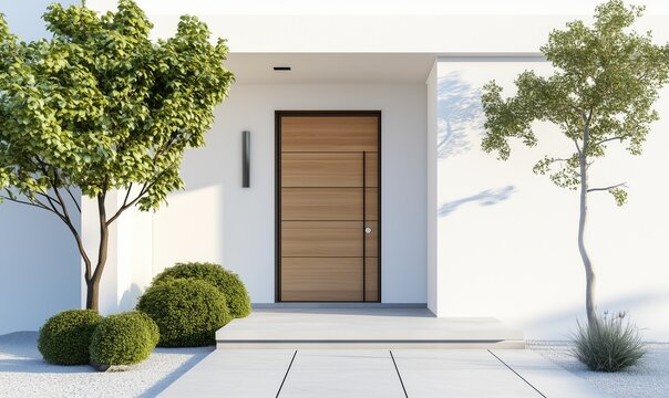 Un ingresso moderno in legno chiaro con illuminazione calda e piante decorative, che crea un'atmosfera accogliente e raffinata.