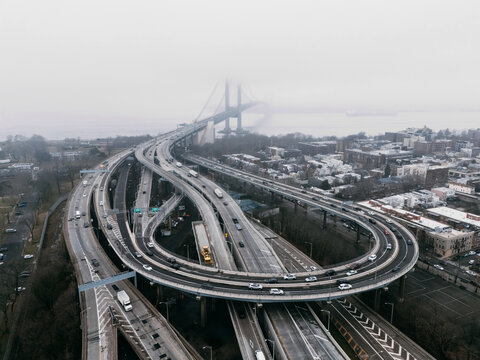 Foggy Day Over Urban Highway Interchange