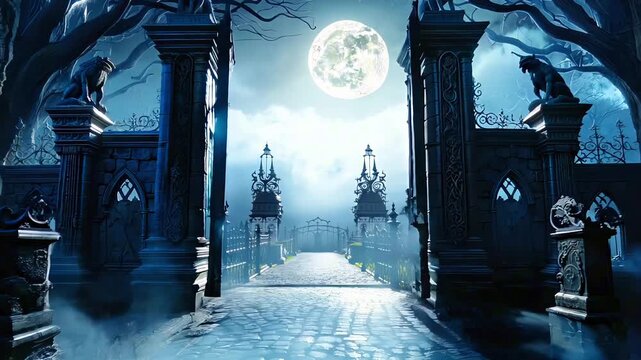 Old gothic gates, manor, stone path and trees under moon and stars. World Goth Day or Halloween