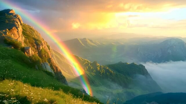 Animation of mountains with colorful rainbow in cloudy sky over field. Nature landscape after storm. Spring morning. St Patrick Day holiday symbol