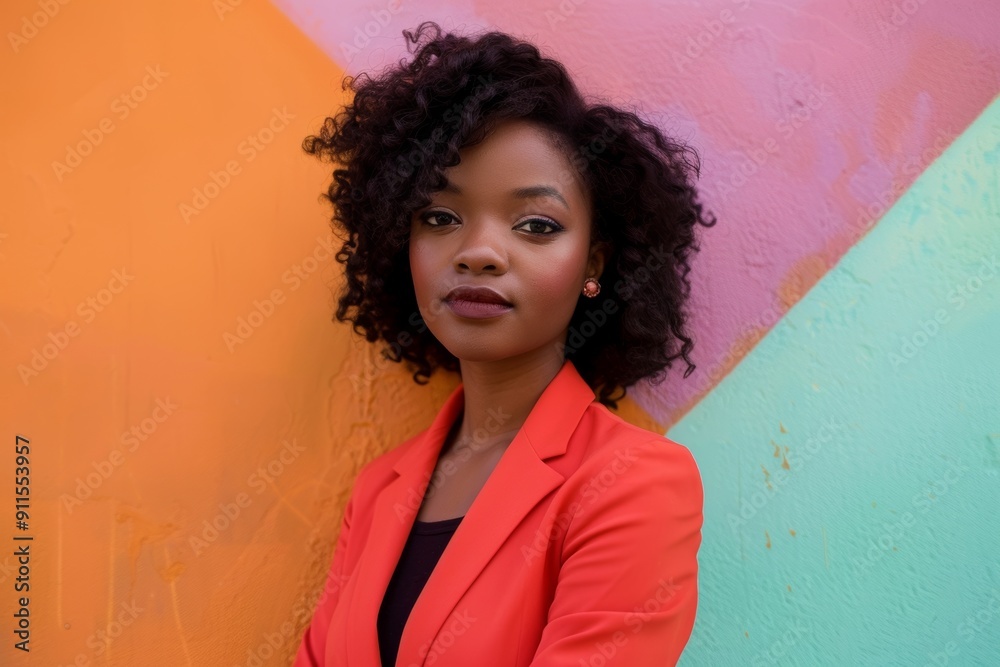 Poster Professional woman in front of a bold color backdrop.