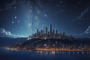 3d illustration of night city with a bright lights and stars on sky.