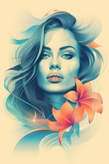 Abstract Pop Art Woman With Floral Elements Against a Gentle Sea Background