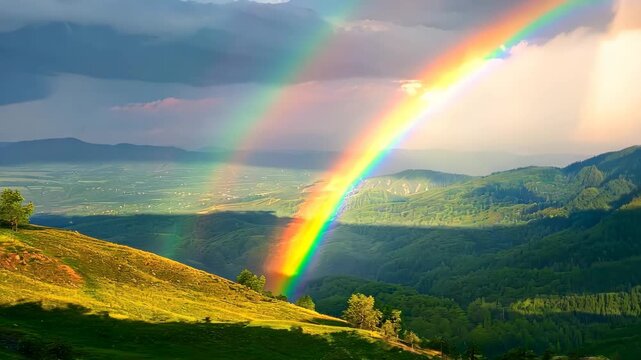 Animation of mountains with colorful rainbow in cloudy sky over field. Nature landscape after storm. Spring morning. St Patrick Day holiday symbol