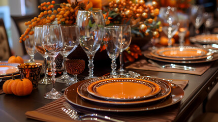 Autumn-themed table setting with orange and brown accents 