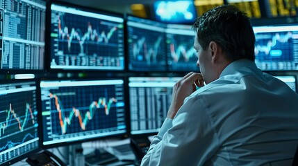 Fototapeta premium A busy trading floor with multiple computer screens filled with real-time stock charts and financial data, traders actively working, vibrant lighting, bustling atmosphere, hd quality, natural look.