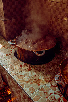 Pot with boiling food in a gambian kitchen