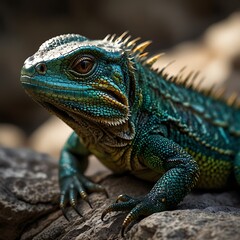 Fototapeta premium A sun-soaked lizard basks on a warm stone, its shimmering scales catching the light