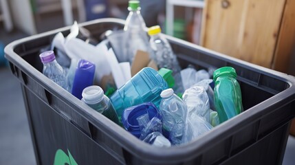 recycling bin filled with sorted recyclables like plastic, paper, and glass