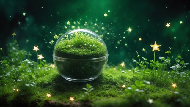 A magical terrarium glowing with starlight on a forest floor