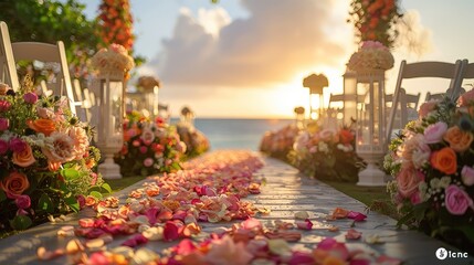 Fototapeta premium Stunning beach wedding aisle decorated with flowers and petals at sunset, creating a romantic and elegant setting for a perfect ceremony.