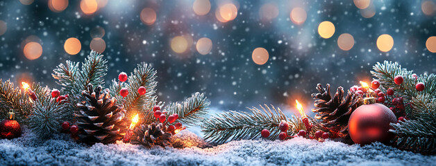 Wide panoramic Xmas décor background banner, gold and red color Christmas balls and pine branches on snow 