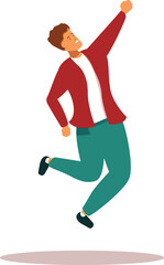 Happy young man is jumping in the air with his fist raised, expressing his joy and excitement