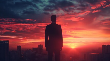 Fototapeta premium Businessman Silhouette Overlooking Cityscape at Sunset