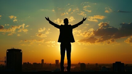 Fototapeta premium Silhouetted businessman representing accomplishment and victory.