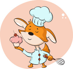 Fox chef. Cooking a cupcake. Vector illustration in cartoon style.