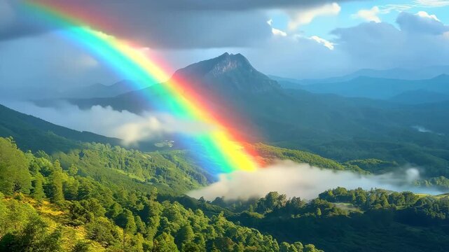 Animation of mountains with colorful rainbow in cloudy sky over field. Nature landscape after storm. Spring morning. St Patrick Day holiday symbol