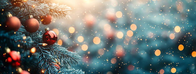 Wide panoramic Xmas décor background banner, gold and red color Christmas balls, pine christmas tree branches and snow 