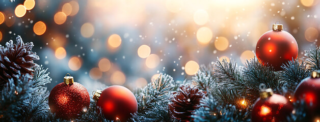 Wide panoramic Xmas décor background banner, gold and red color Christmas balls, pine christmas tree branches and snow 
