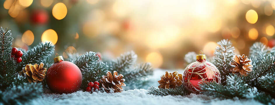 Wide panoramic Xmas décor background banner, gold and red color Christmas balls, pine christmas tree branches and snow 