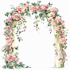 Beautiful floral arch decorated with pink roses and green leaves, perfect for weddings and special occasions.