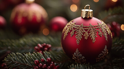 Wide panoramic Xmas décor background banner, gold and red color Christmas balls with beautiful design on it 