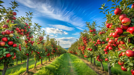 Apple orchard with red ripe apples on branches.Two rows of apple trees full of fruit seen under a blue sky nearly ready for picking.Apple orchard.Morning shot. generative ai