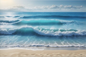 Fototapeta premium Fractal Background. Raging sea on a sunny windy day. Large waves with white foam on the crest rise above the surface of the water and run to the shore. The sand shines through the Water 
