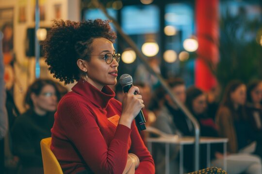Woman in a successful product launch event.