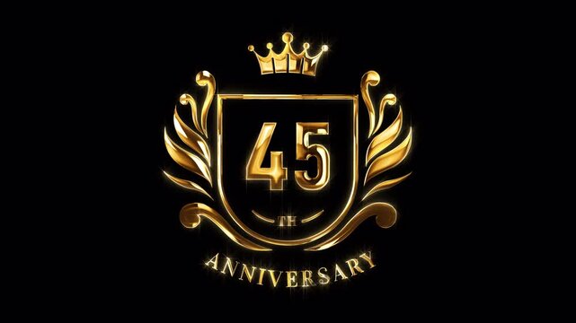 45th Anniversary Celebration. Happy 45 Years Anniversary Animation in Gold Color on the Transparent Background, Alpha Channel. Great for greetings, celebrations, events, and gifts.