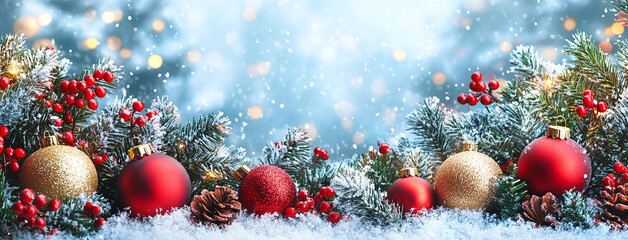 Wide panoramic Xmas d&eacute;cor background banner, gold and red color Christmas balls, pine christmas tree branches and snow 