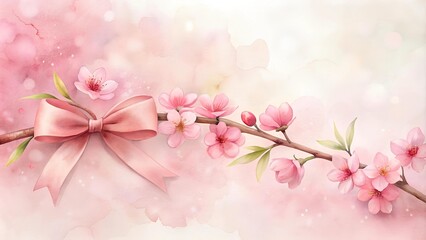A Cherry Blossom Dream: A Delicate Watercolor Cherry with a Soft Pink Bow  AI Generated