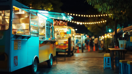 Food truck festival at night with string lights and row of food trucks, copy space
