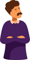 Cartoon man with a mustache crossing his arms while thinking about something