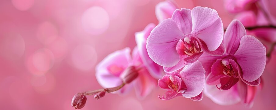 Close-up of beautiful pink orchids with a soft bokeh background, capturing the delicate beauty of these exquisite flowers.