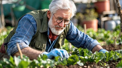 Fototapeta premium Elderly man gardening, tending to plants with care in a lush garden on a sunny day.