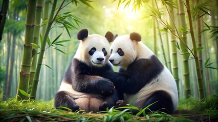 Obraz premium A Moment of Tranquility: Two Pandas Sharing a Bamboo Grove AI Generated