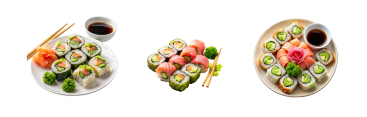 Plate of Fresh Sushi Rolls: Soy Sauce, Wasabi, Pickled Ginger, Cut Out Background